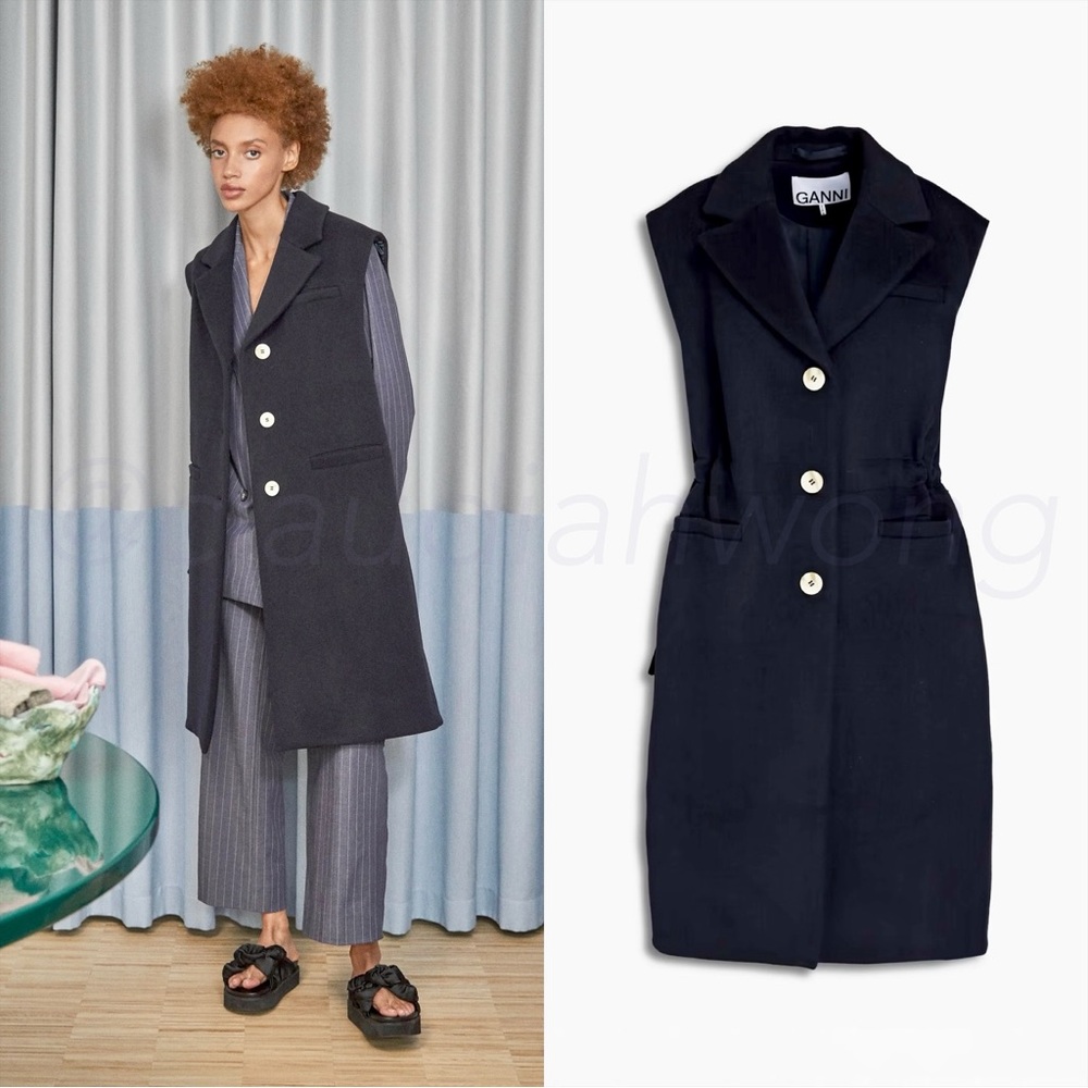 GANNI Recycled Wool Oversize Vest Coat in Midnight Blue
